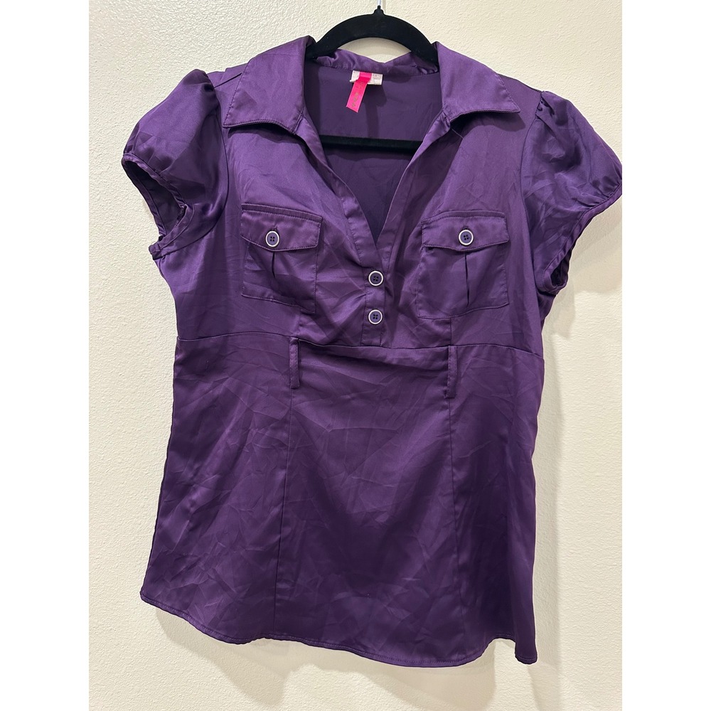 Heart Soul Grape Purple Satin Puff Sleeve Button Front Blouse XL